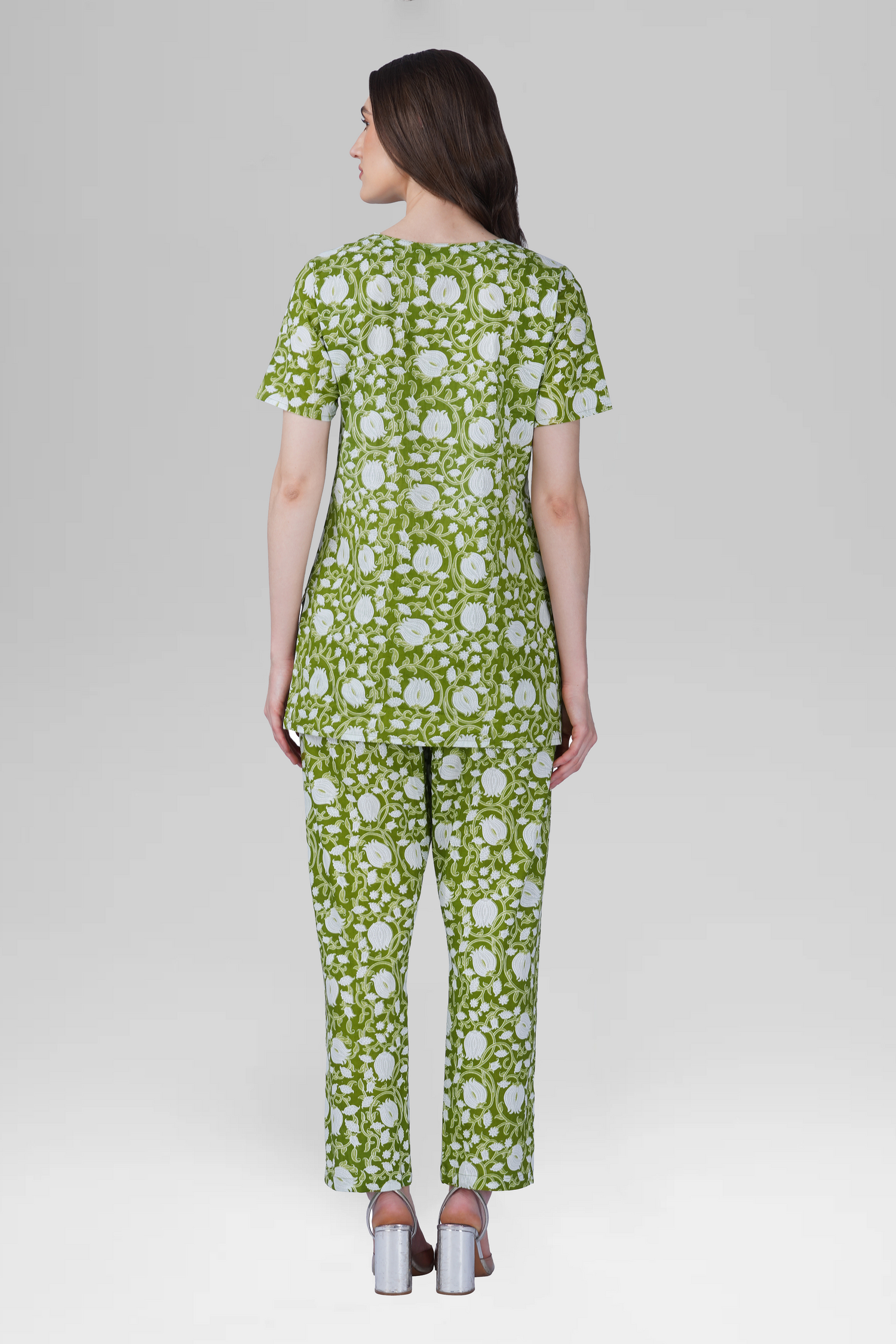 Olive Green V Neck Cotton Printed Pyjama Set