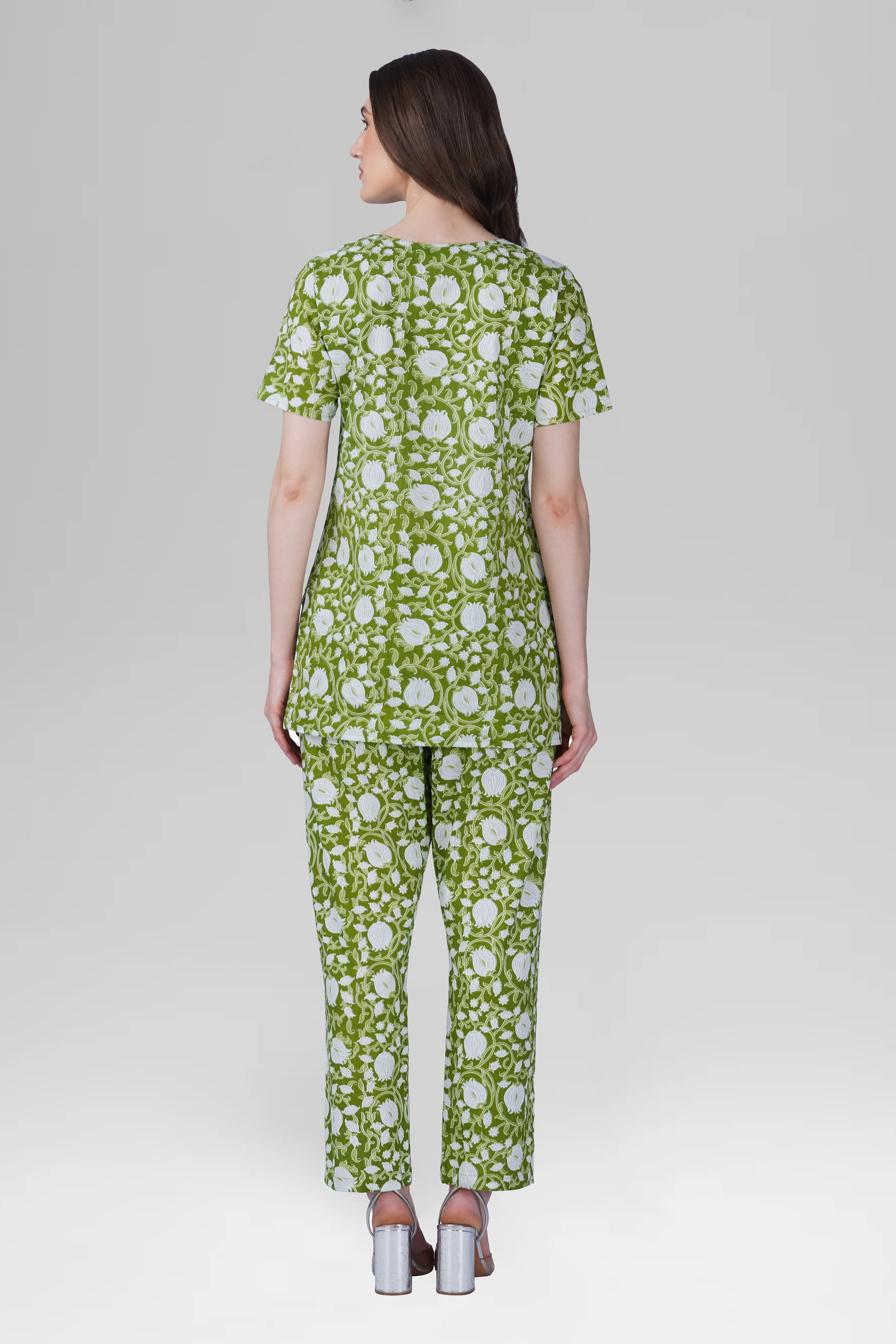 Olive Green V Neck Cotton Printed Pyjama Set
