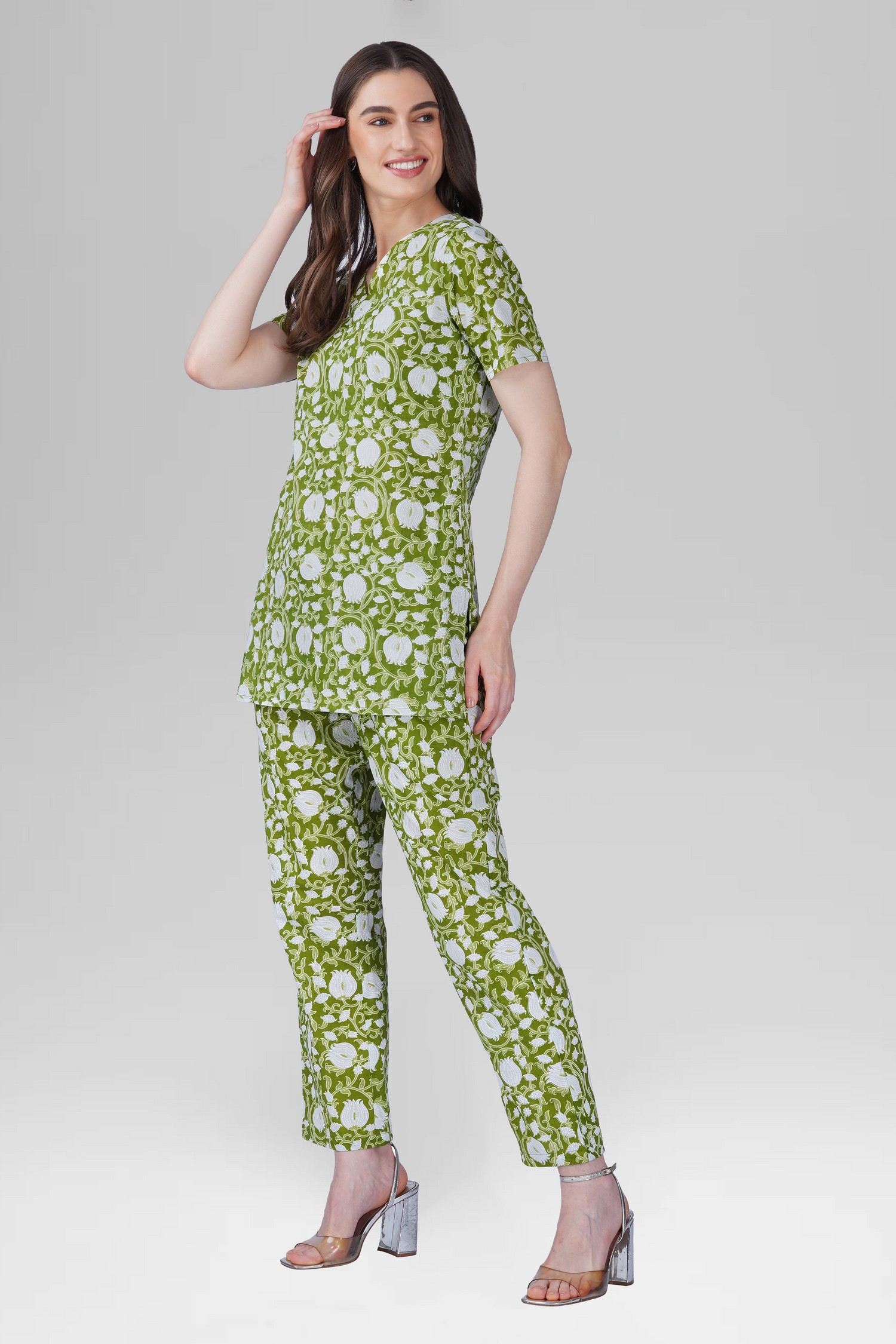 Olive Green V Neck Cotton Printed Pyjama Set