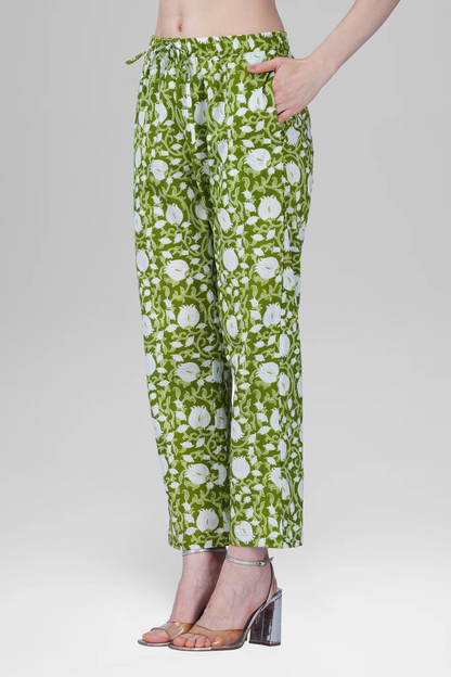 Olive Green V Neck Cotton Printed Pyjama Set
