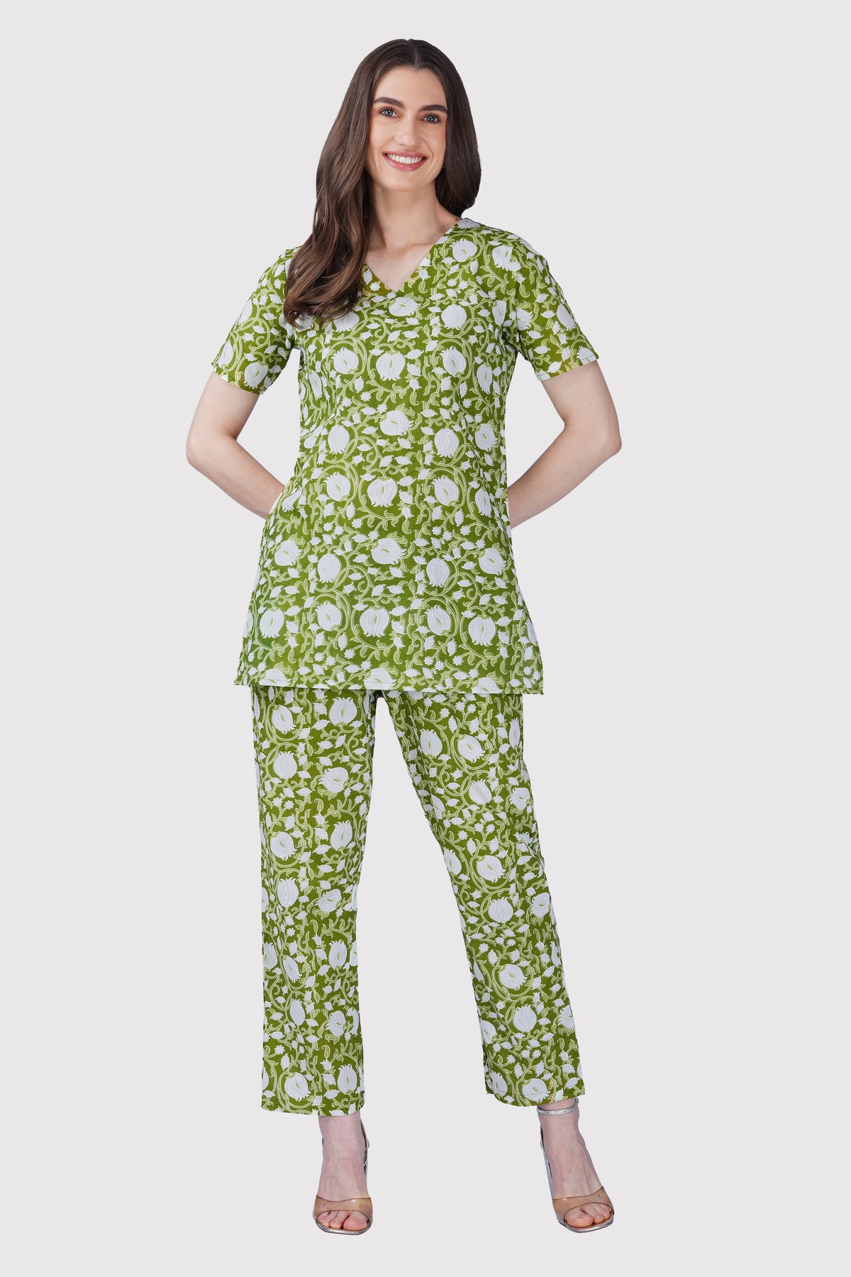 Olive Green V Neck Cotton Printed Pyjama Set