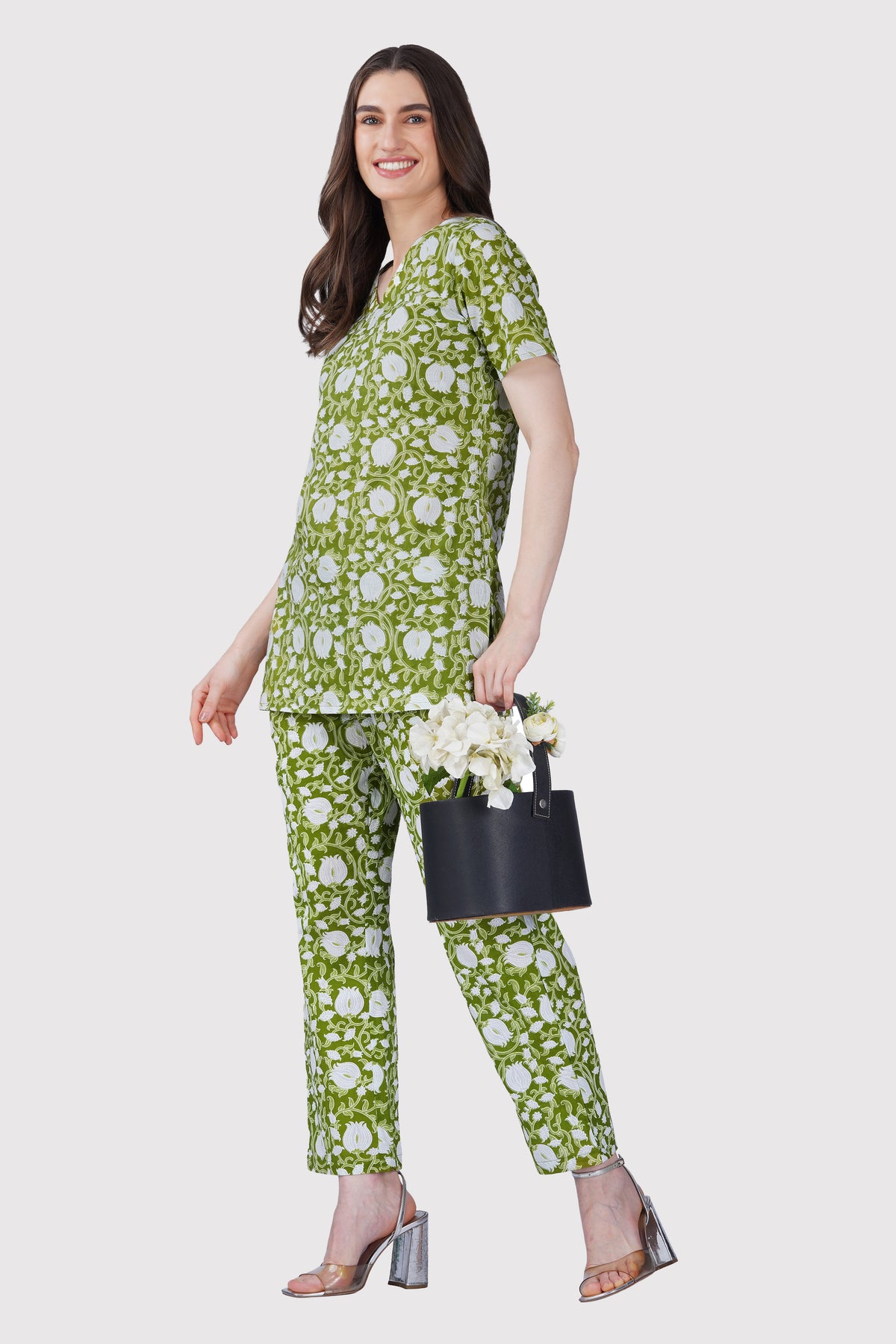 Olive Green V Neck Cotton Printed Pyjama Set