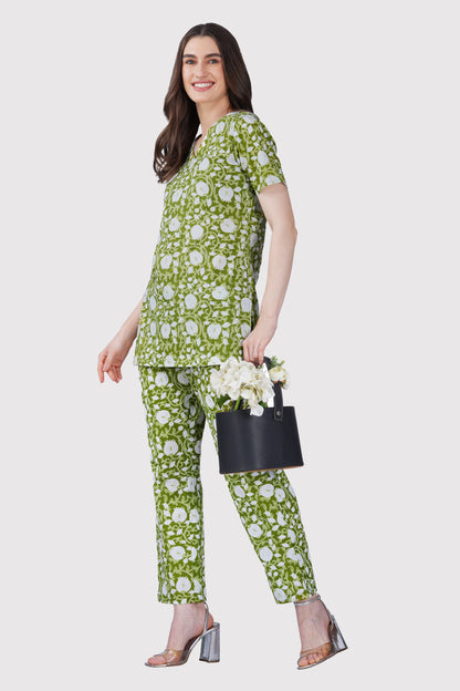 Olive Green V Neck Cotton Printed Pyjama Set