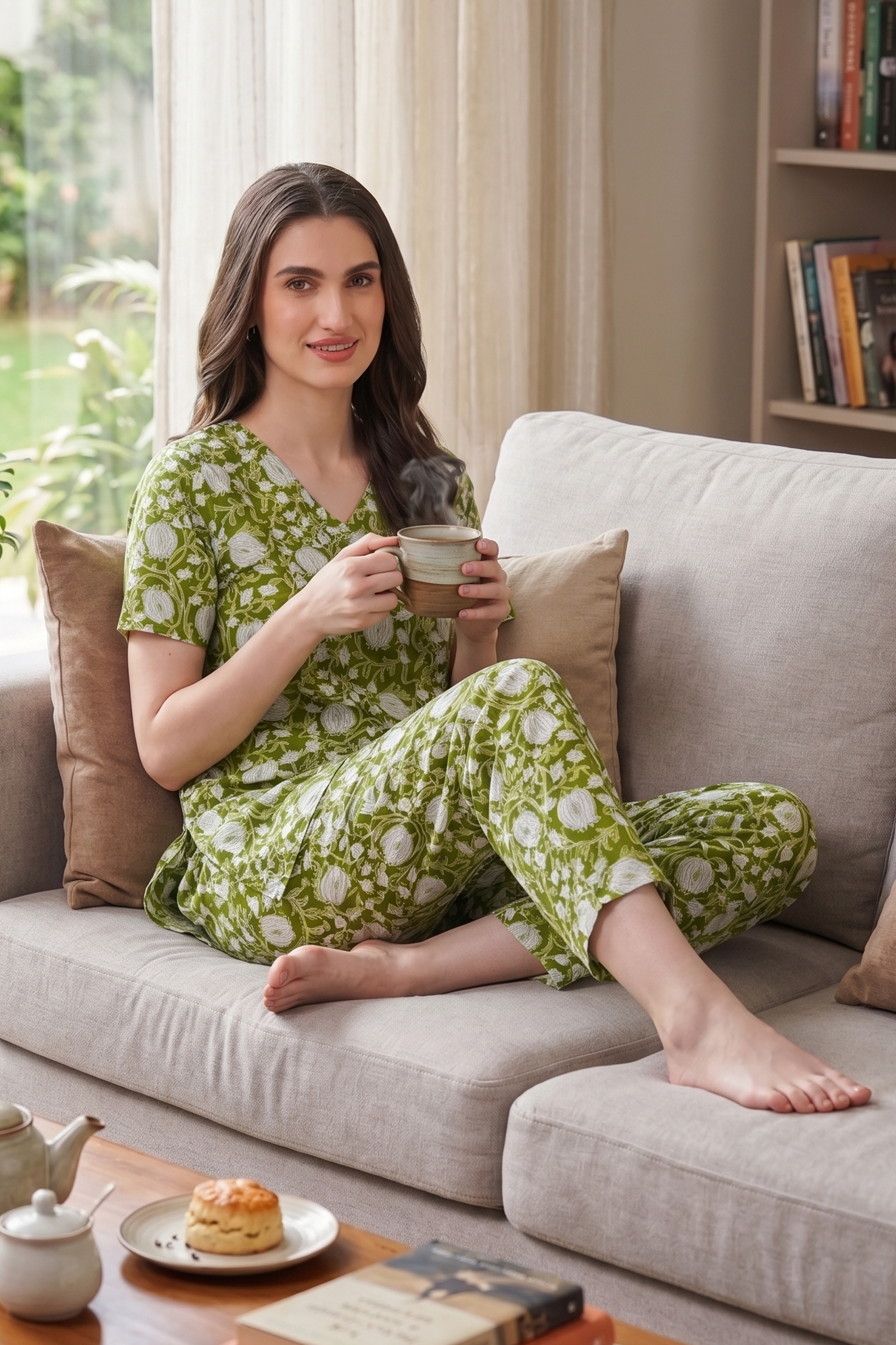 Olive Green V Neck Cotton Printed Pyjama Set