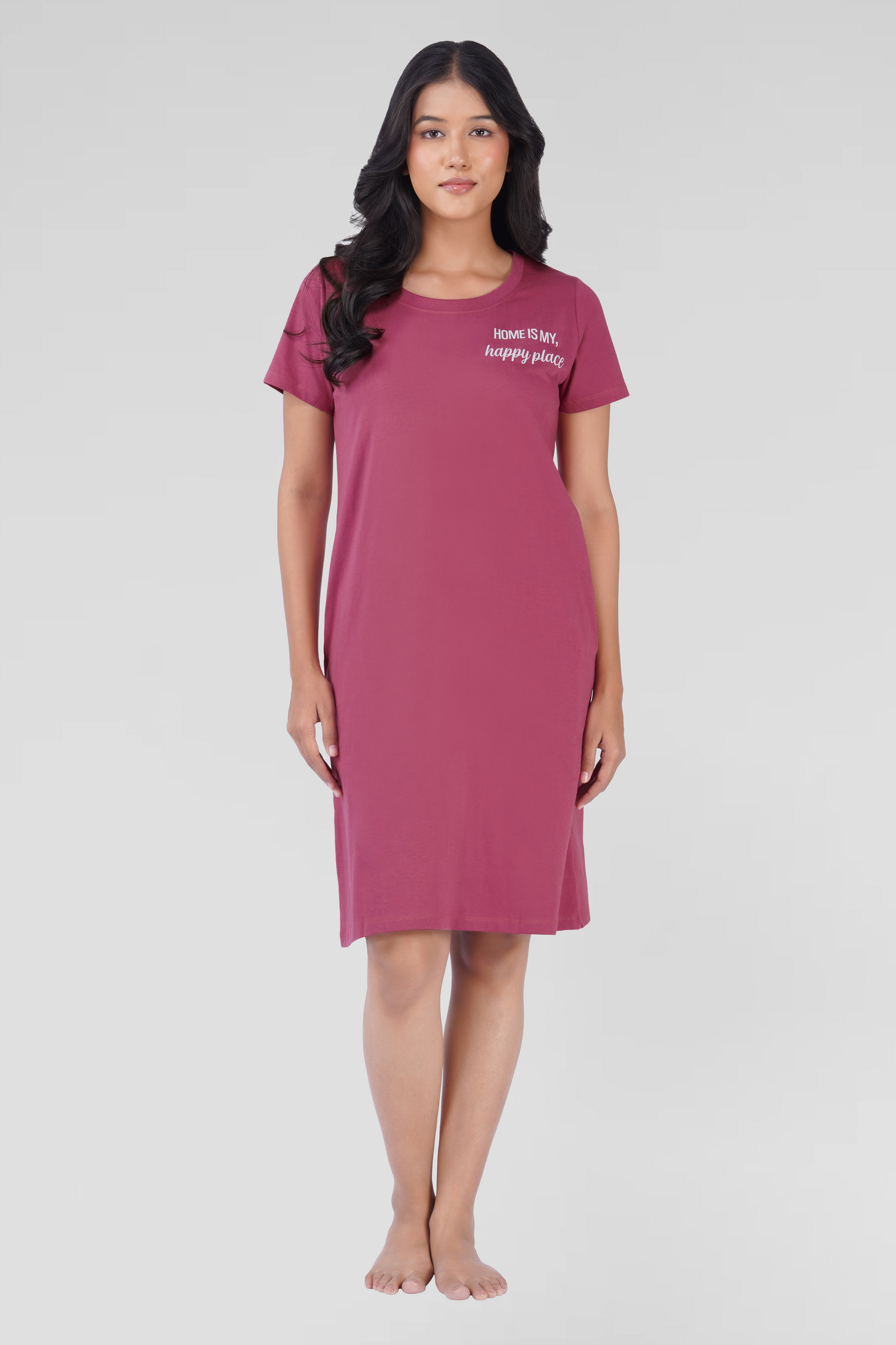 Onion Pink Cotton Printed T-Shirt Nightdress