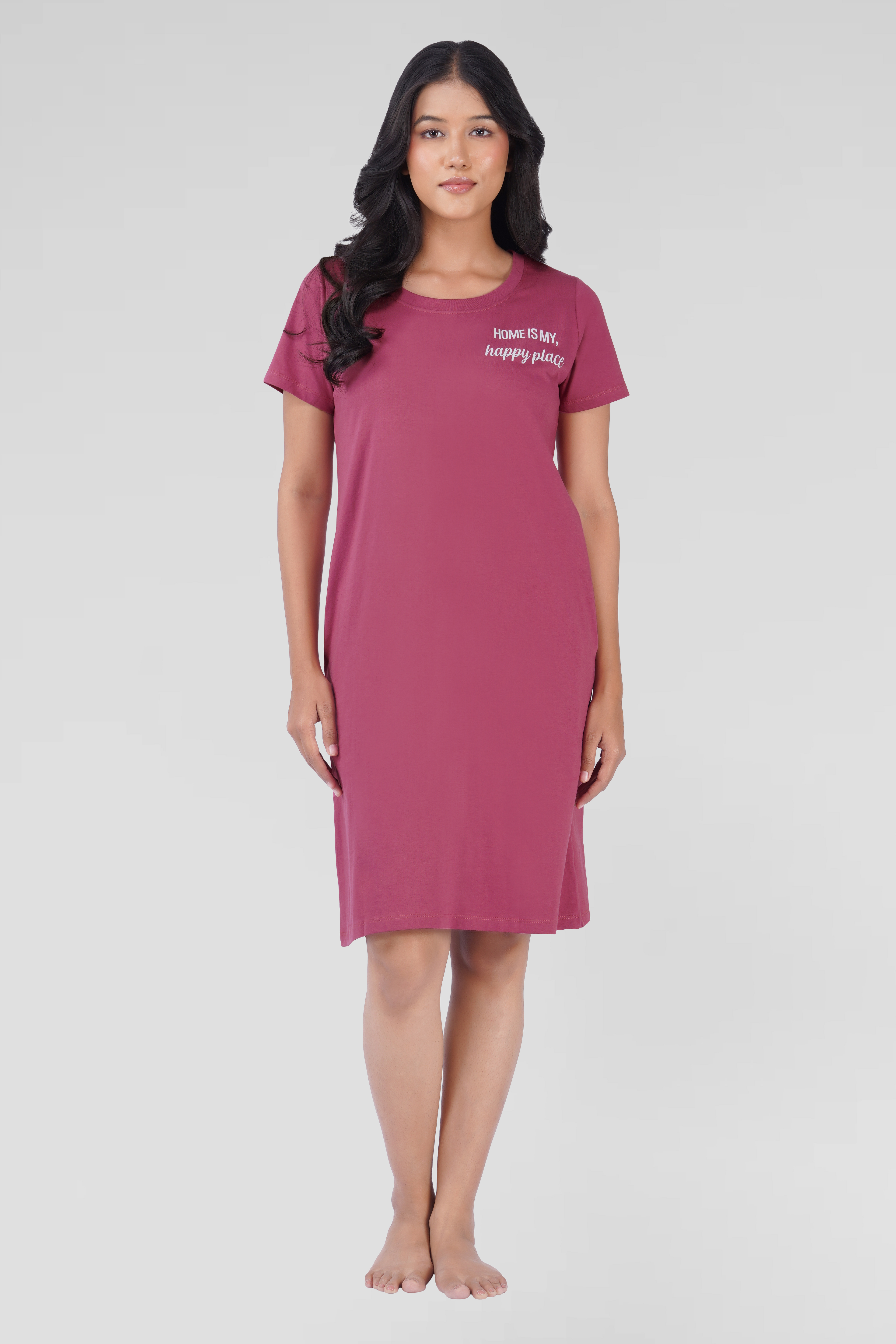 Onion Pink Cotton Printed T-Shirt Nightdress