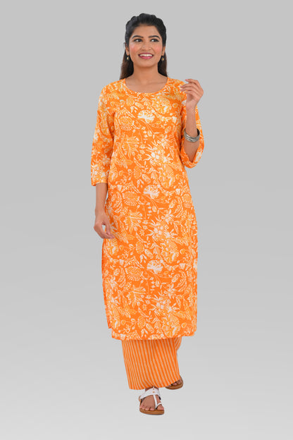 Orange Cotton Printed Kurta Set