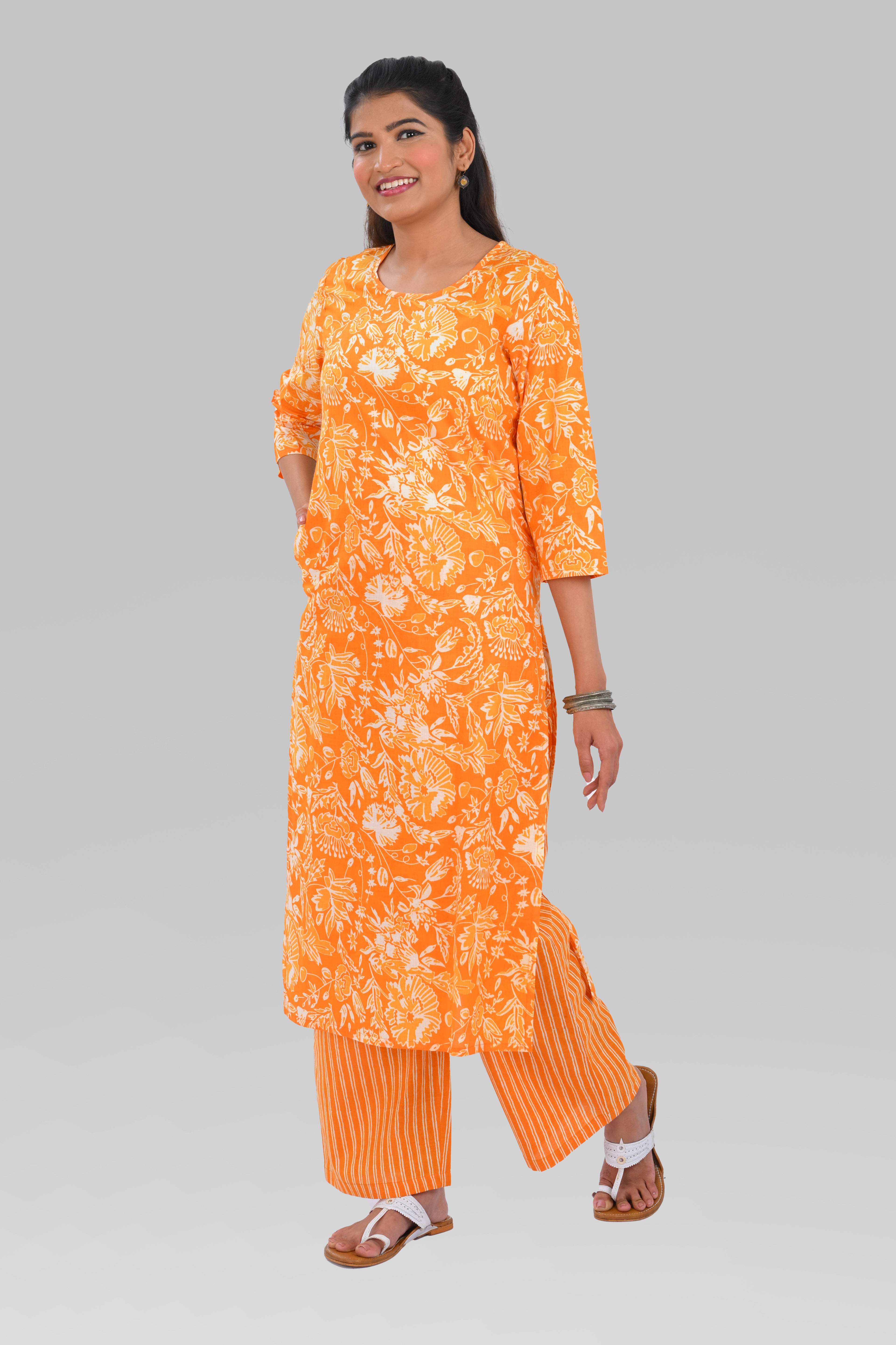 Orange Cotton Printed Kurta Set