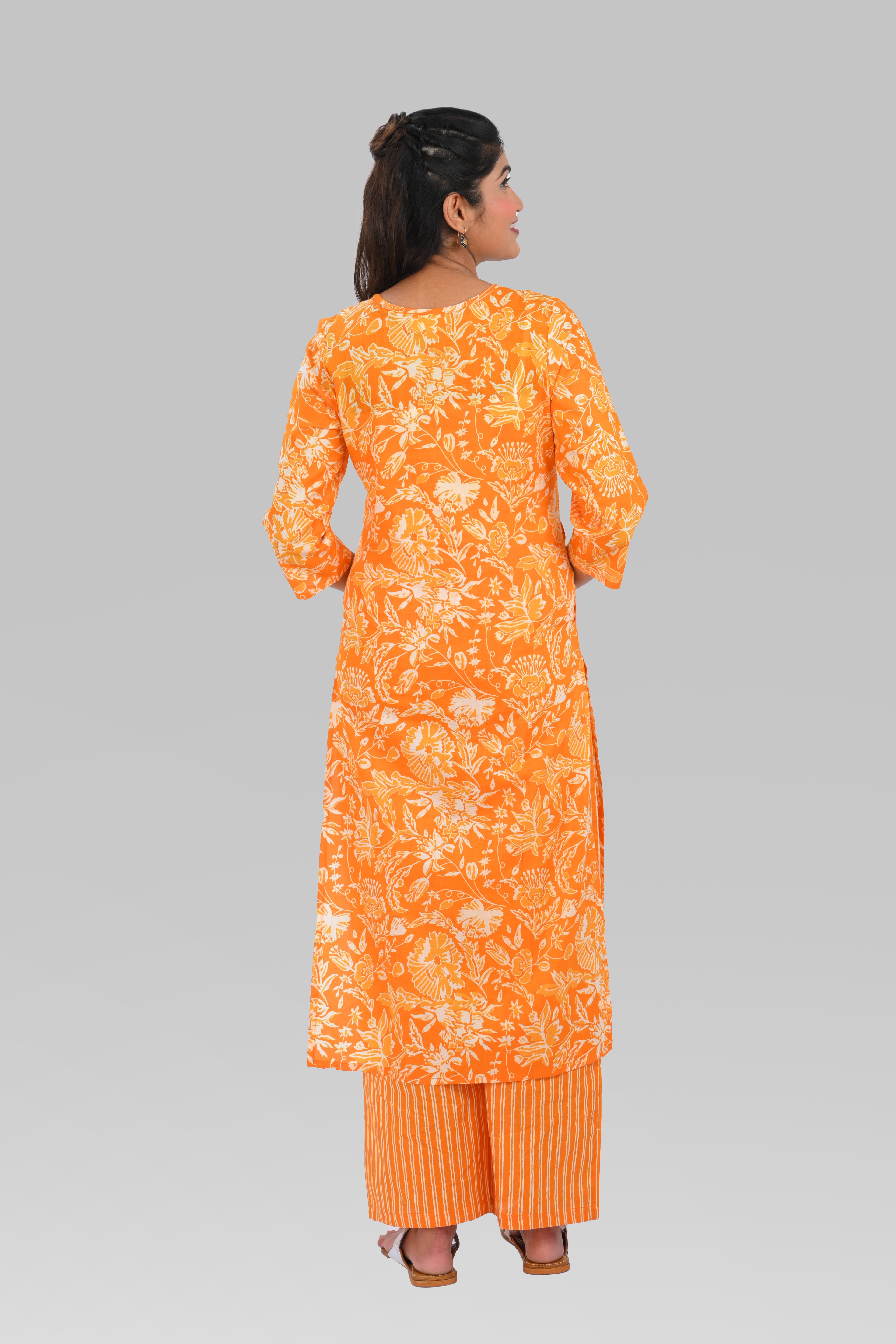 Orange Cotton Printed Kurta Set