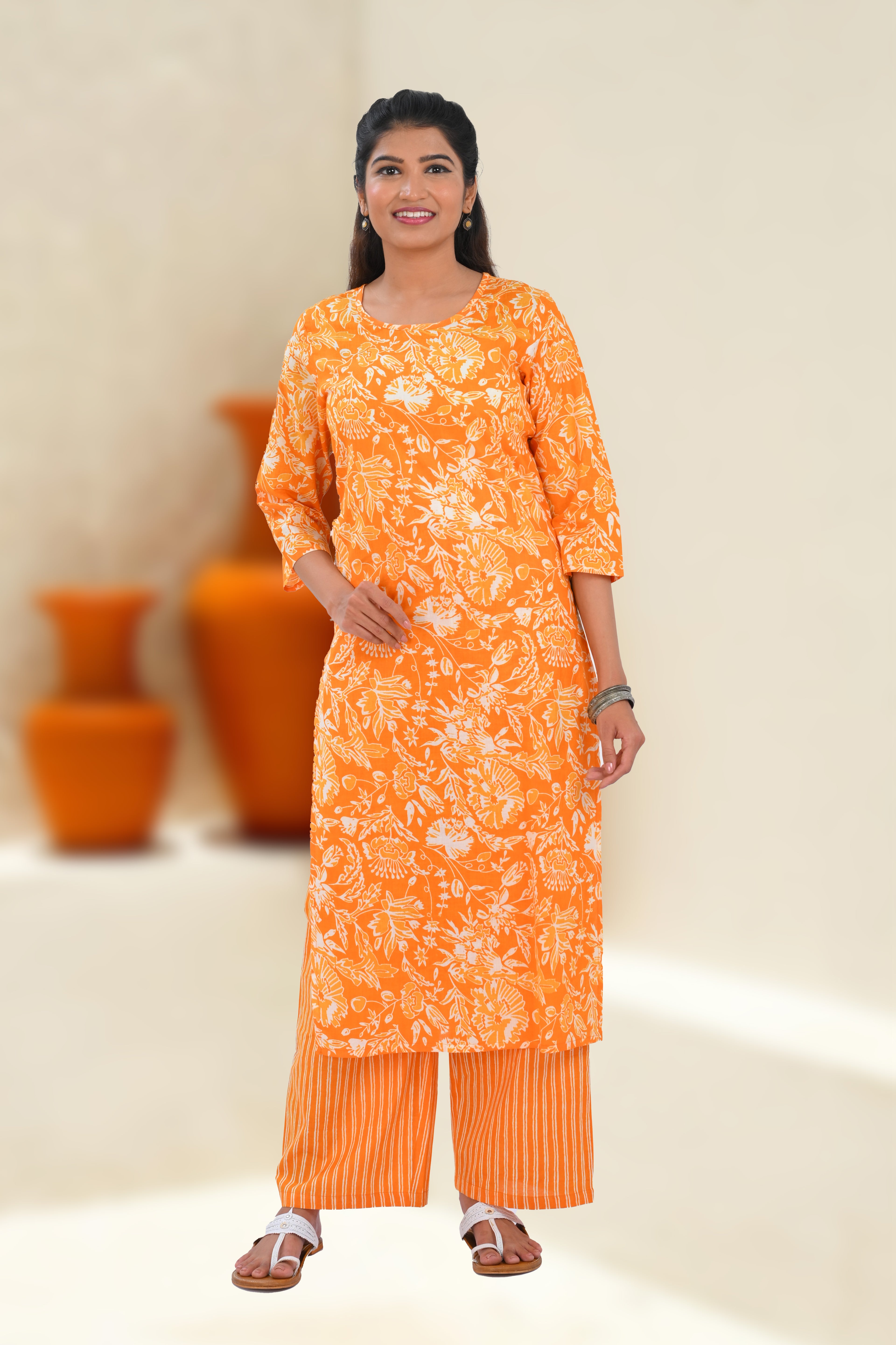 Orange Cotton Printed Kurta Set