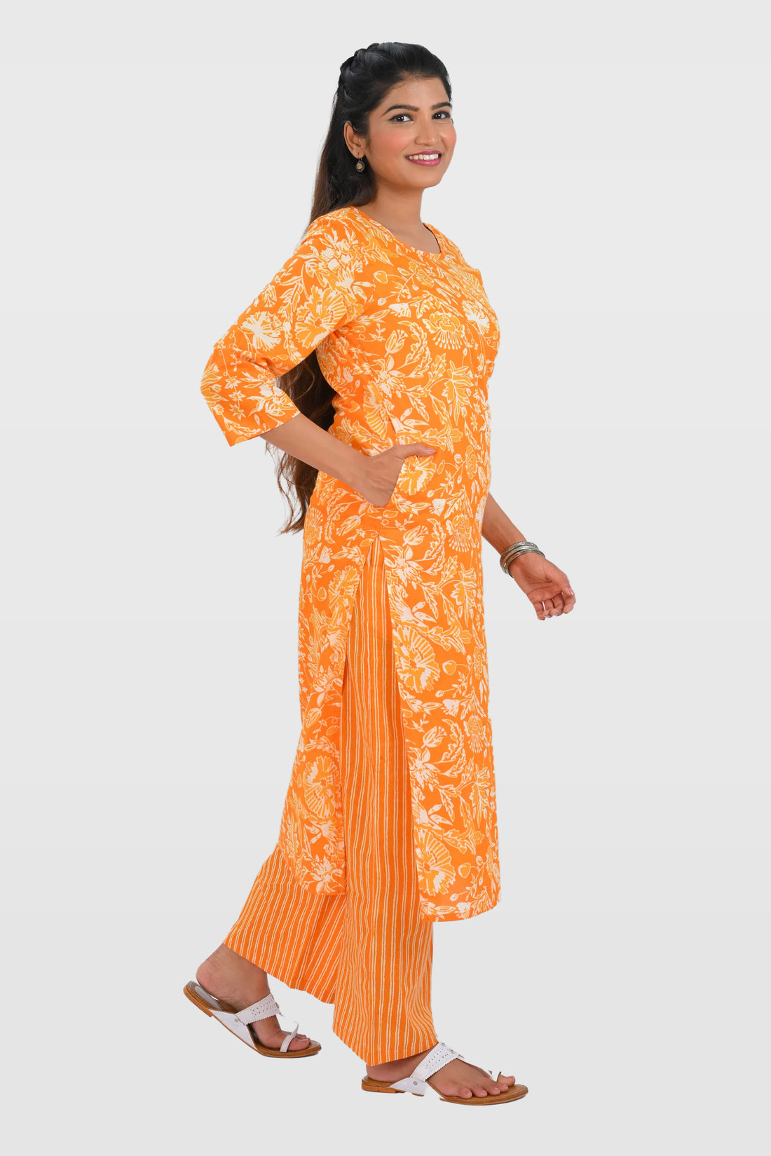 Orange Cotton Printed Kurta Set