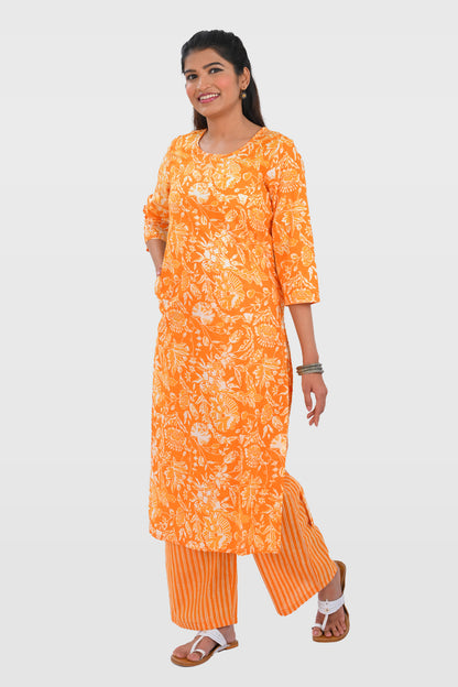 Orange Cotton Printed Kurta Set