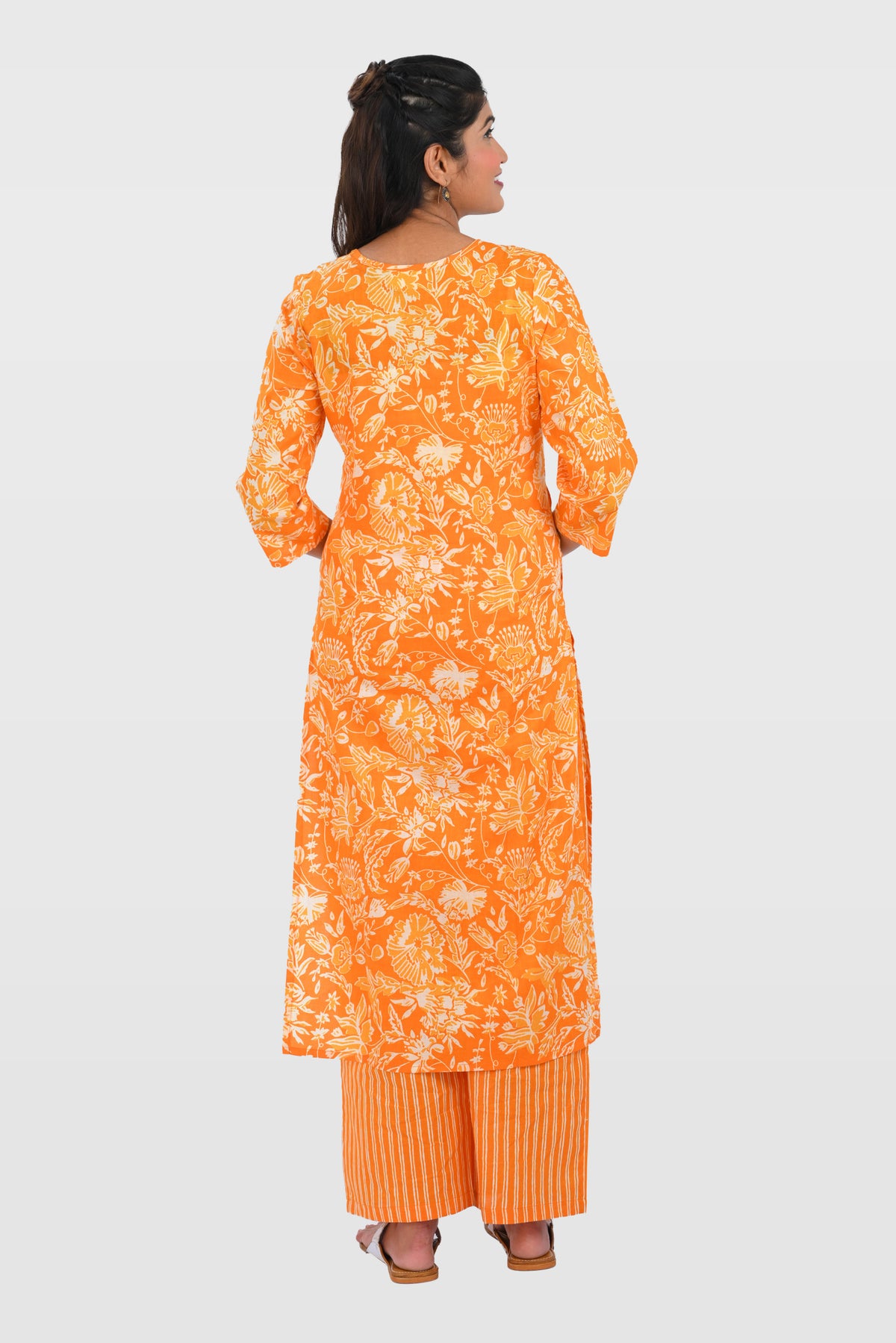 Orange Cotton Printed Kurta Set
