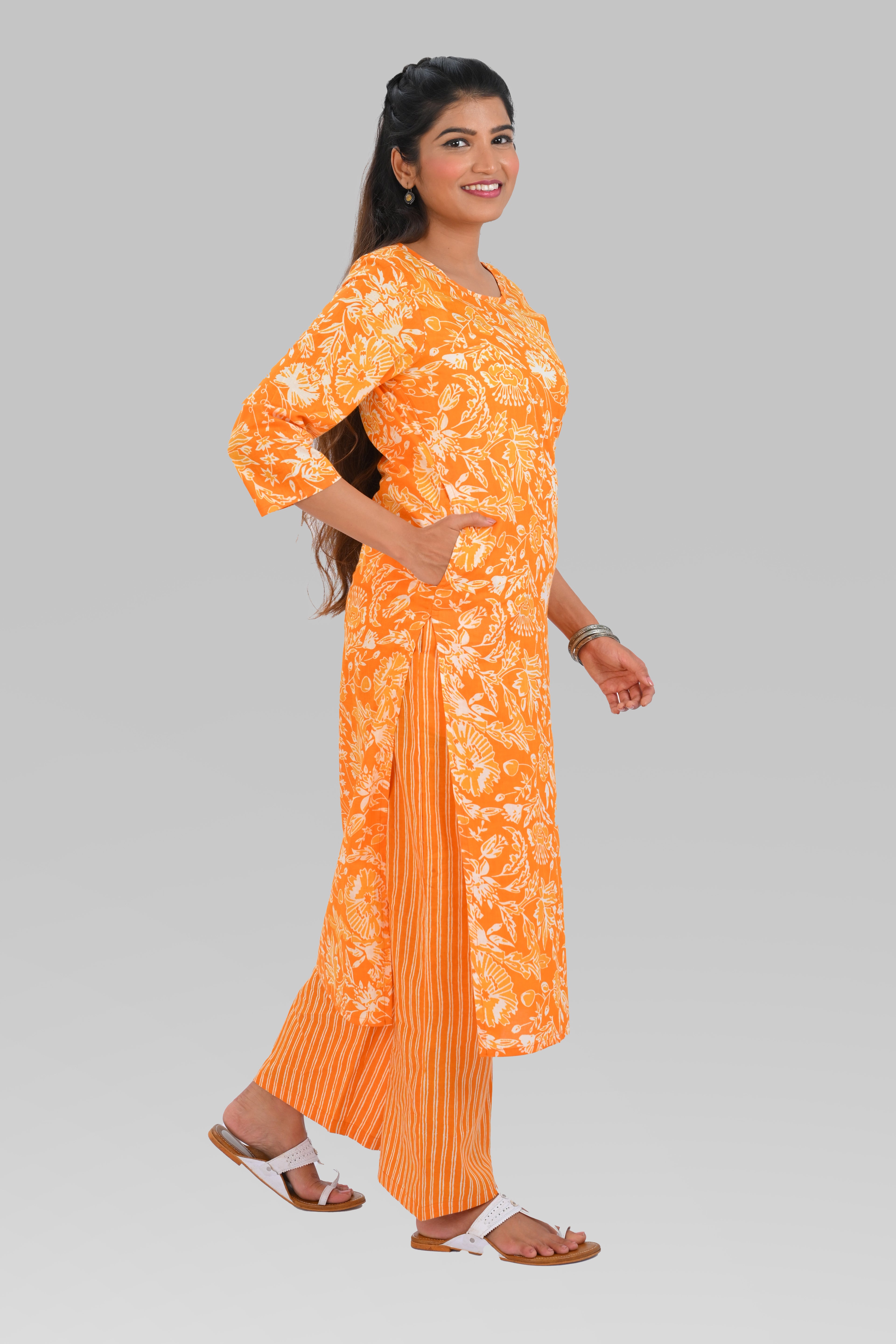 Orange Cotton Printed Kurta Set