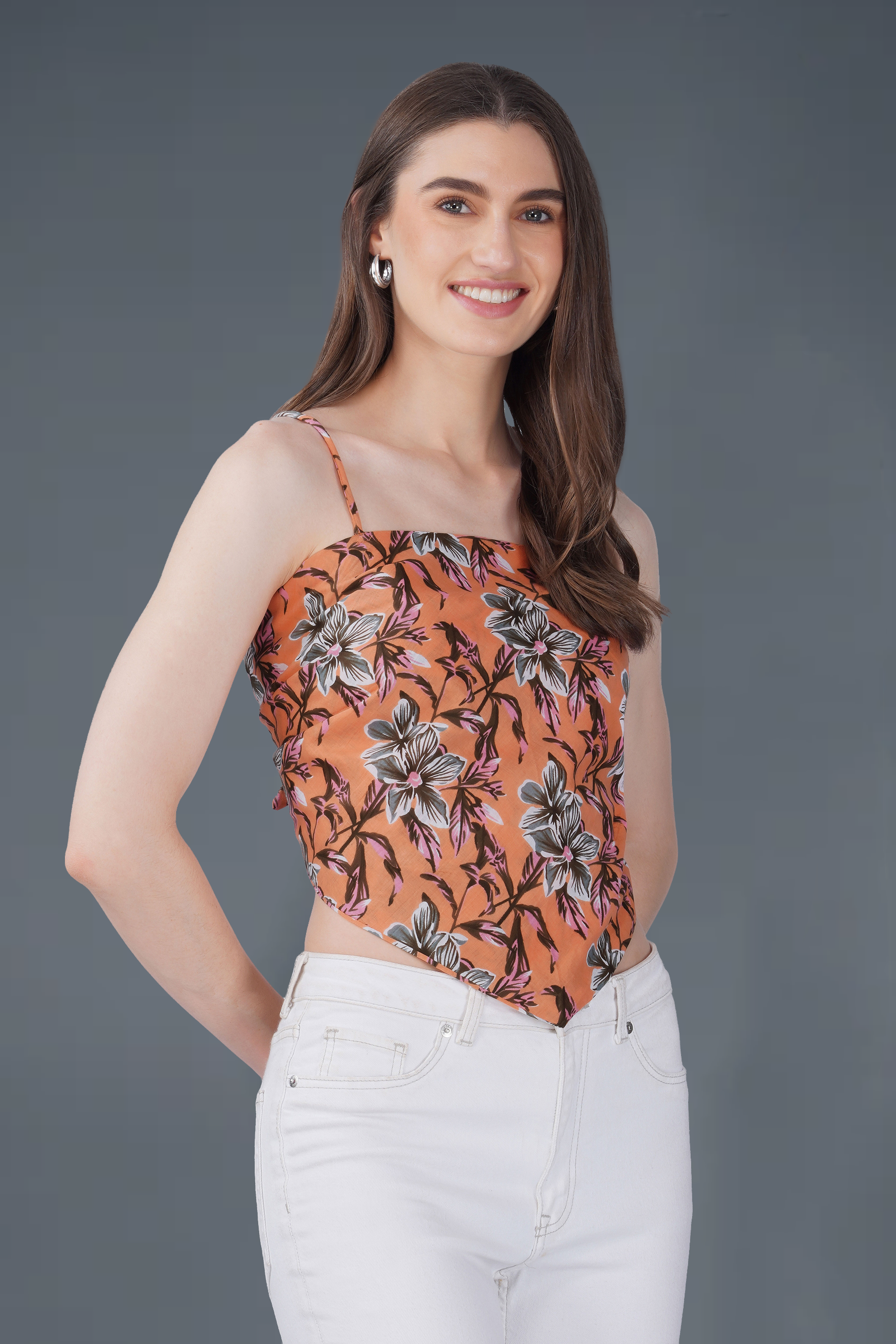 Orange Cotton Printed Scarf Top