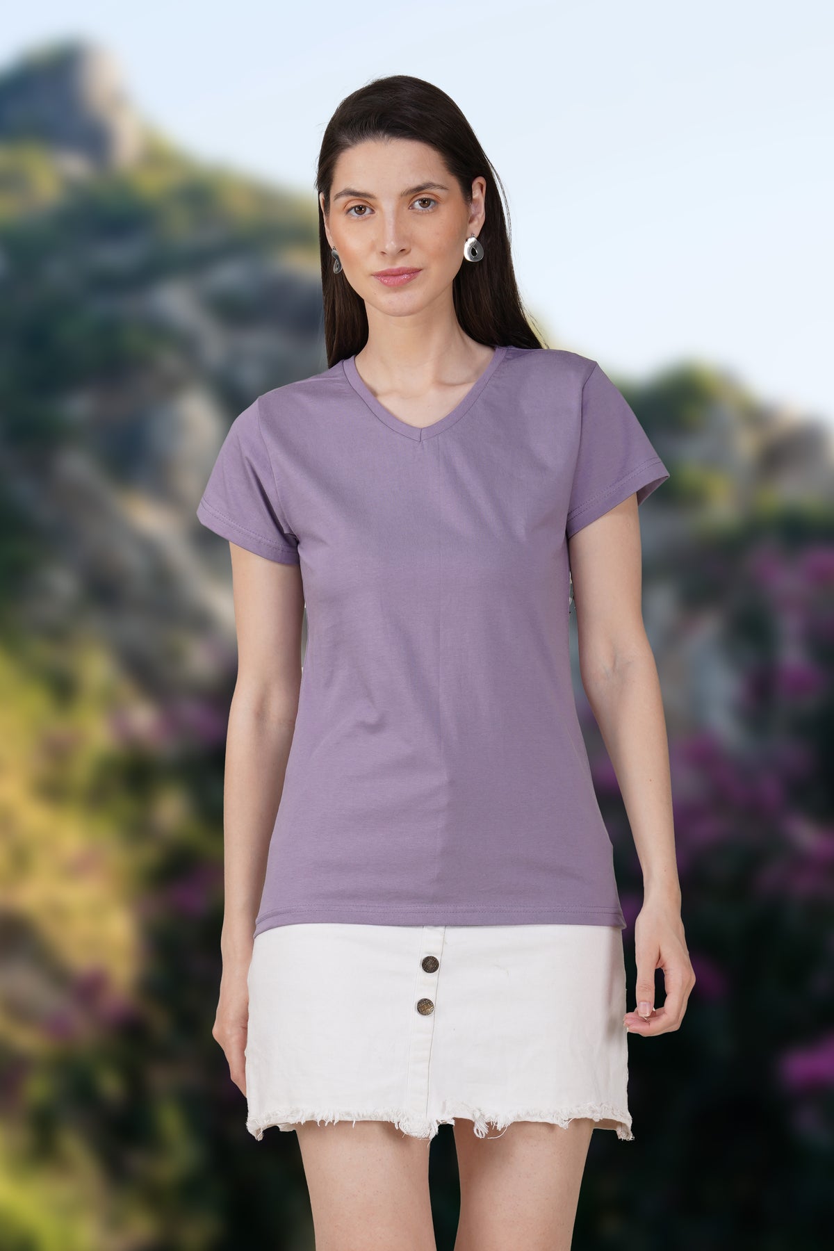 Orchid Mist Cotton V-Neck T-Shirt
