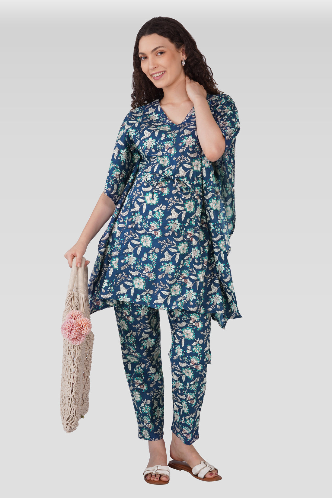 Oxford Blue Cotton Printed Maternity and Feeding Kaftan Set