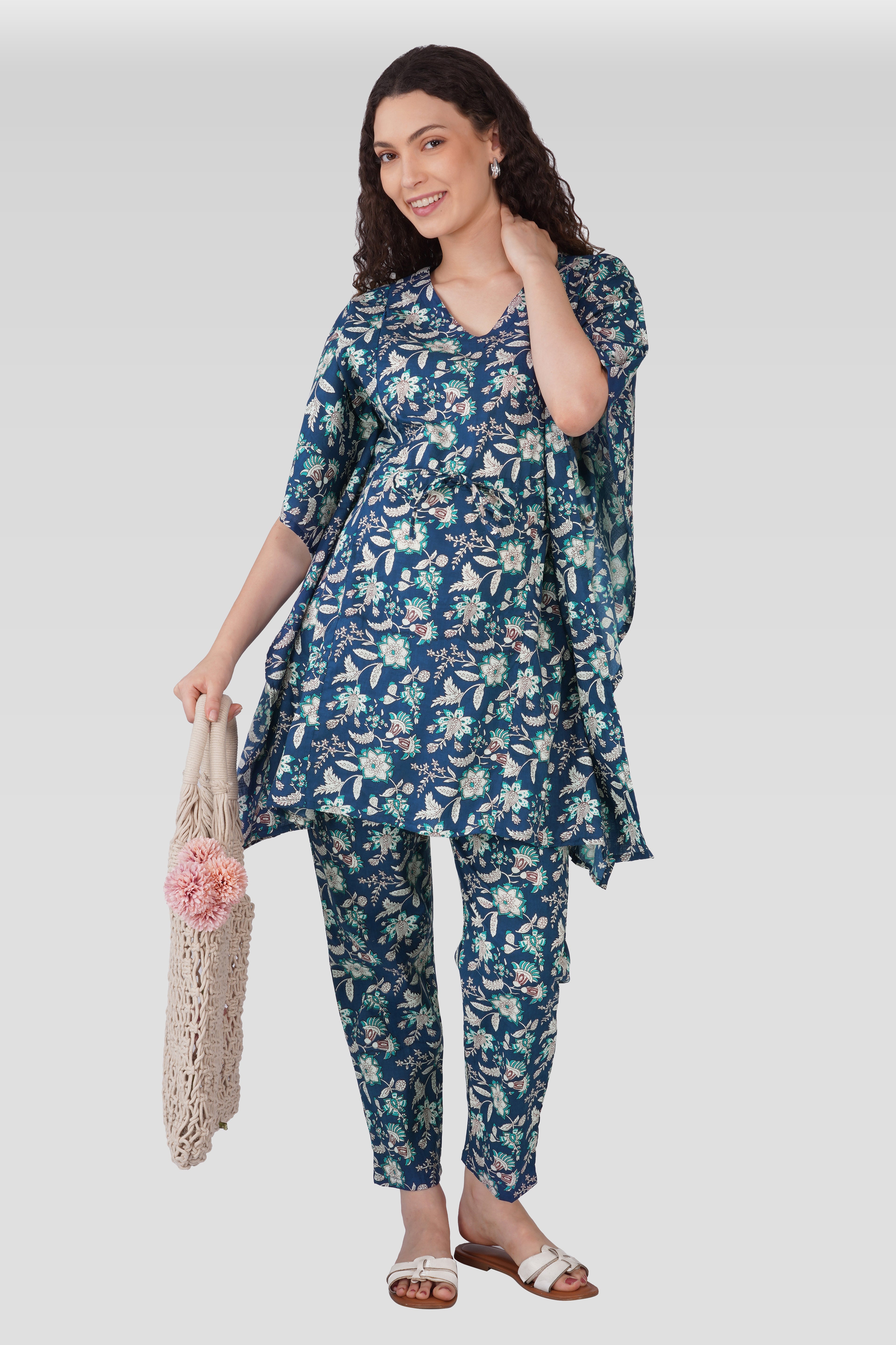 Oxford Blue Cotton Printed Maternity and Feeding Kaftan Set