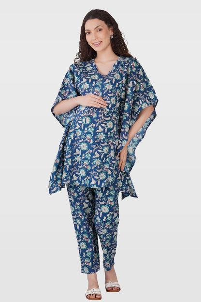 Oxford Blue Cotton Printed Maternity and Feeding Kaftan Set