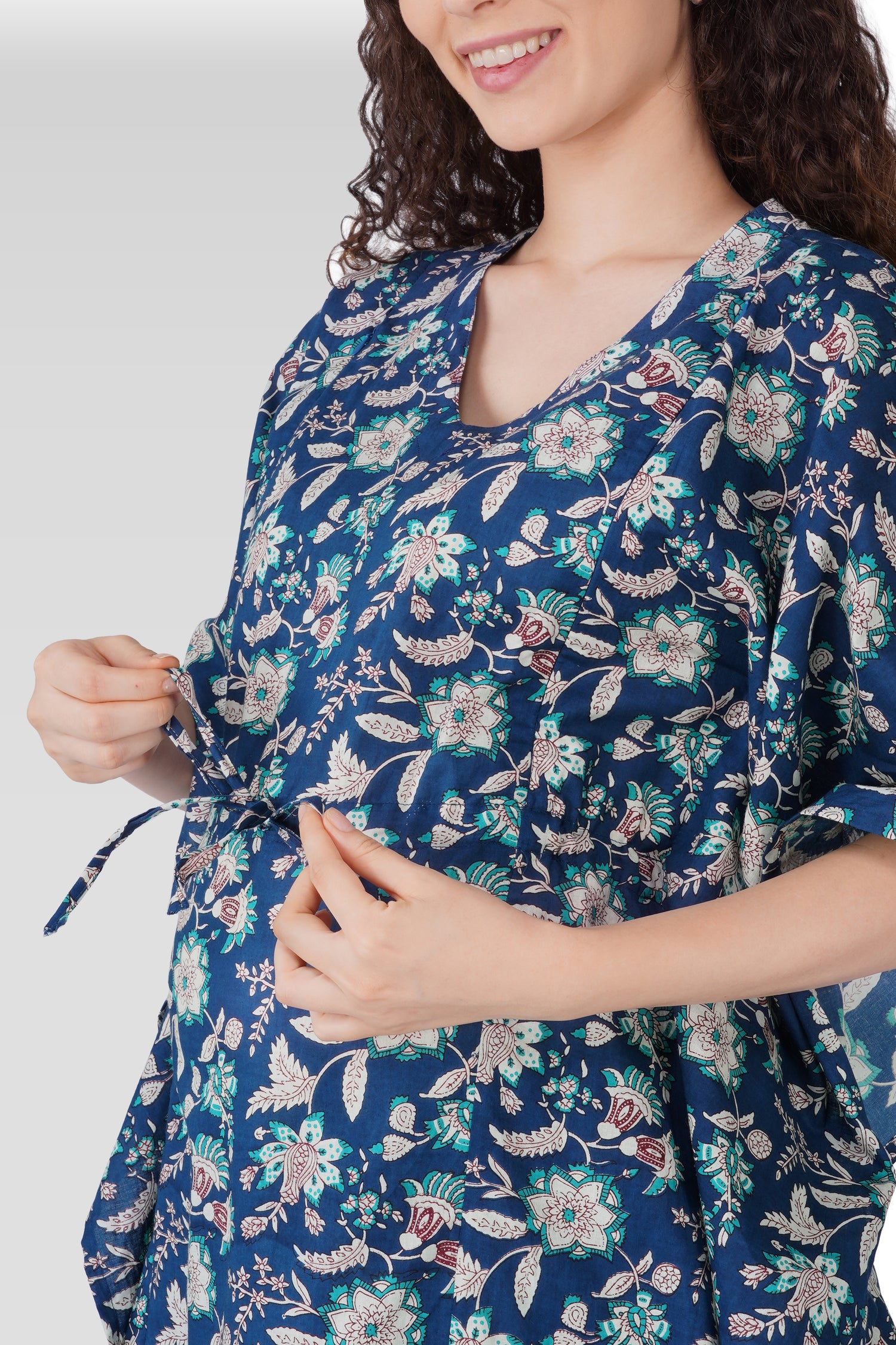 Oxford Blue Cotton Printed Maternity and Feeding Kaftan Set