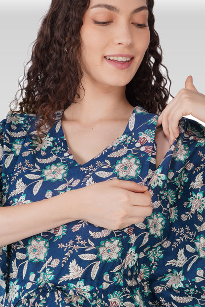Oxford Blue_Cotton Printed_Maternity and Feeding Kaftan Set 1