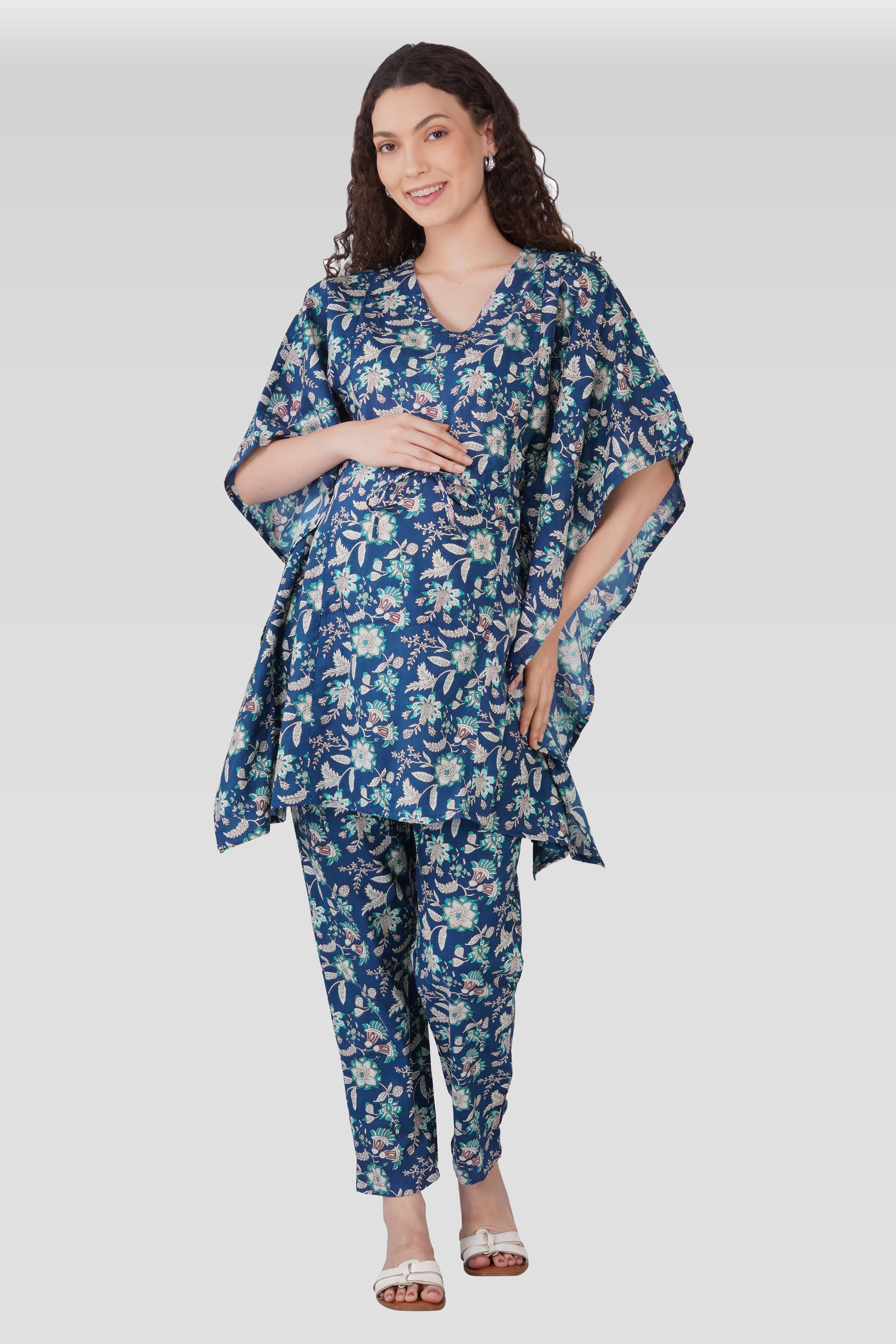 Oxford Blue Cotton Printed Maternity and Feeding Kaftan Set
