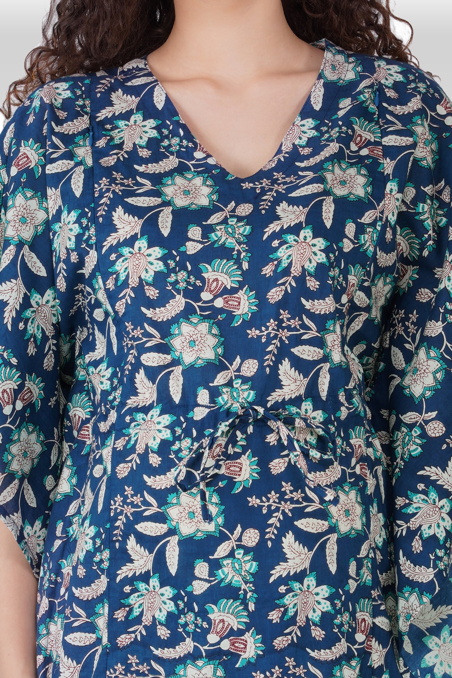Oxford Blue Cotton Printed Maternity and Feeding Kaftan Set