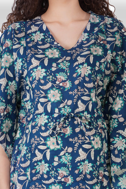 Oxford Blue Cotton Printed Maternity and Feeding Kaftan Set