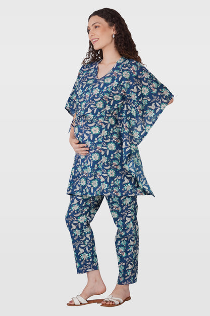 Oxford Blue Cotton Printed Maternity and Feeding Kaftan Set