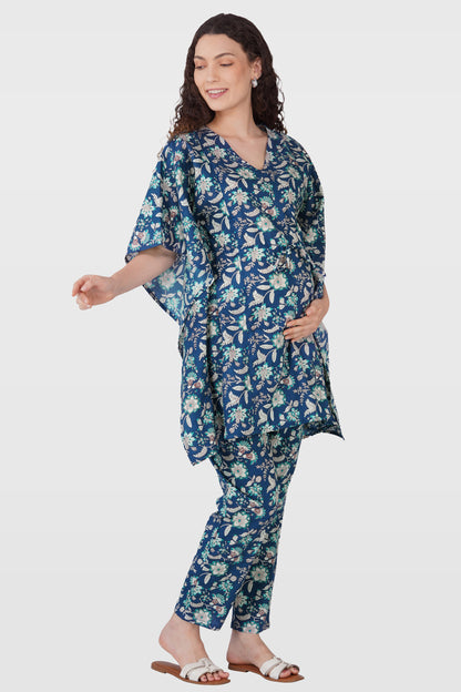 Oxford Blue Cotton Printed Maternity and Feeding Kaftan Set