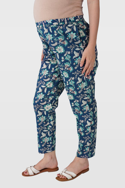 Oxford Blue Cotton Printed Maternity and Feeding Kaftan Set
