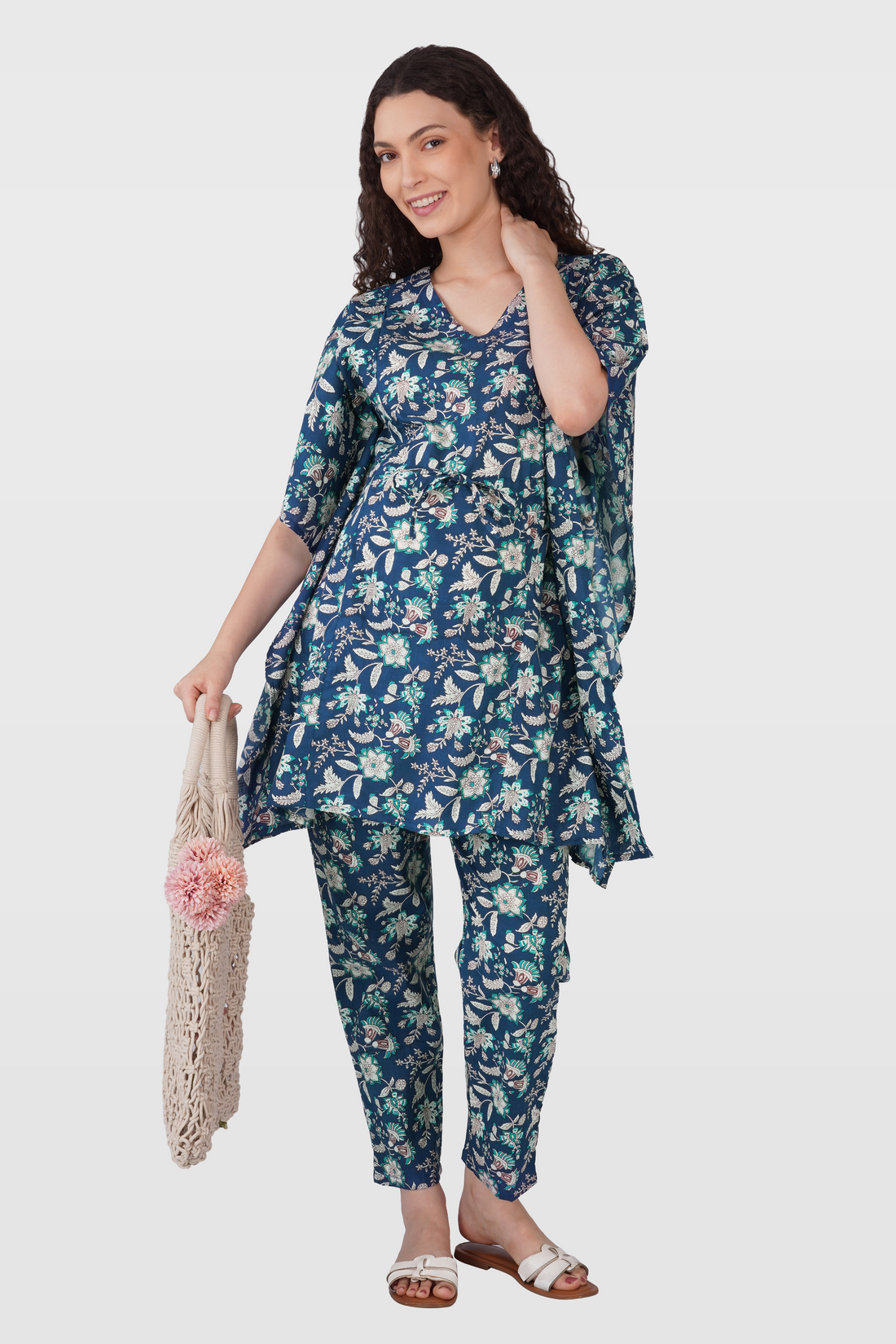 Oxford Blue Cotton Printed Maternity and Feeding Kaftan Set