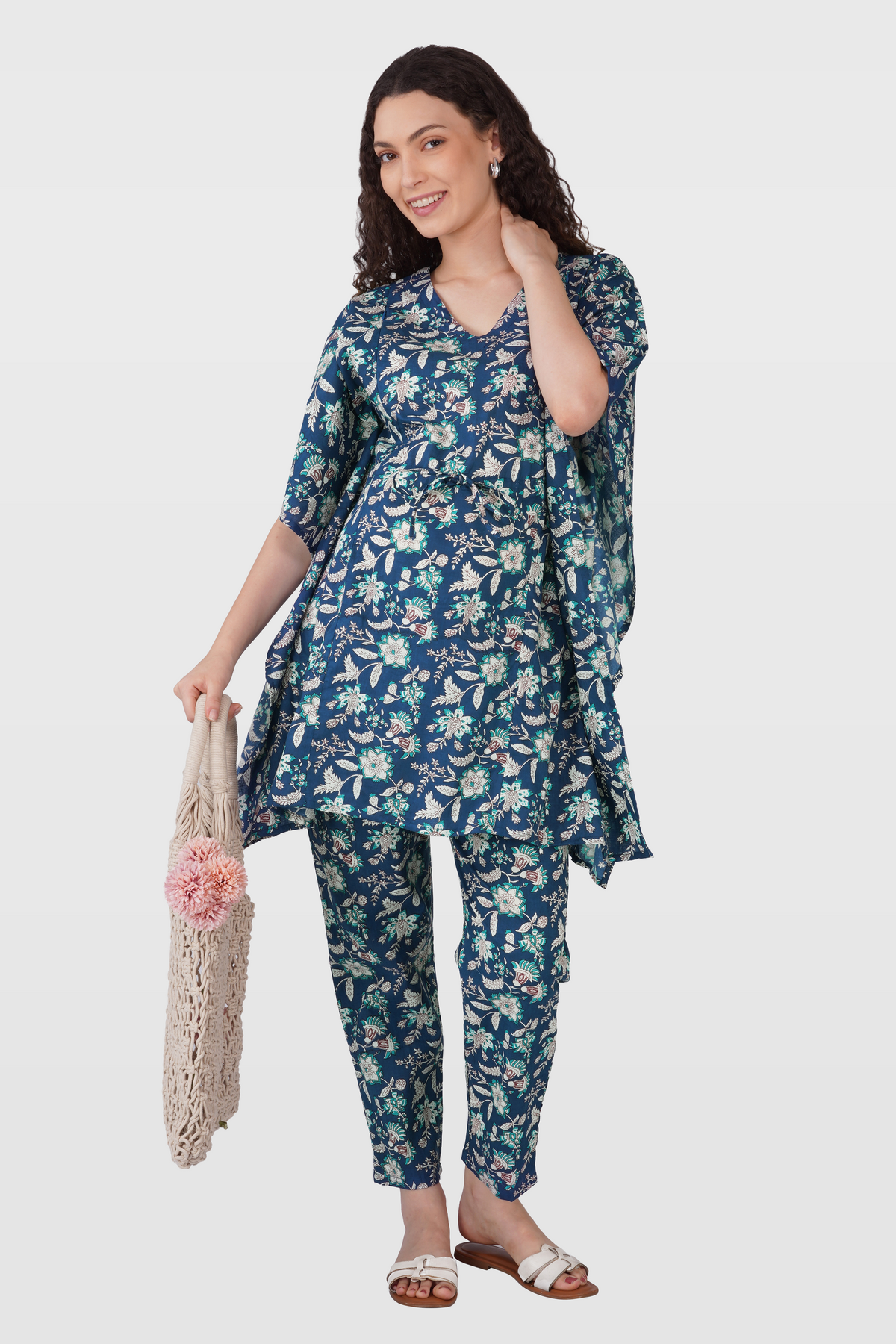 Oxford Blue Cotton Printed Maternity and Feeding Kaftan Set