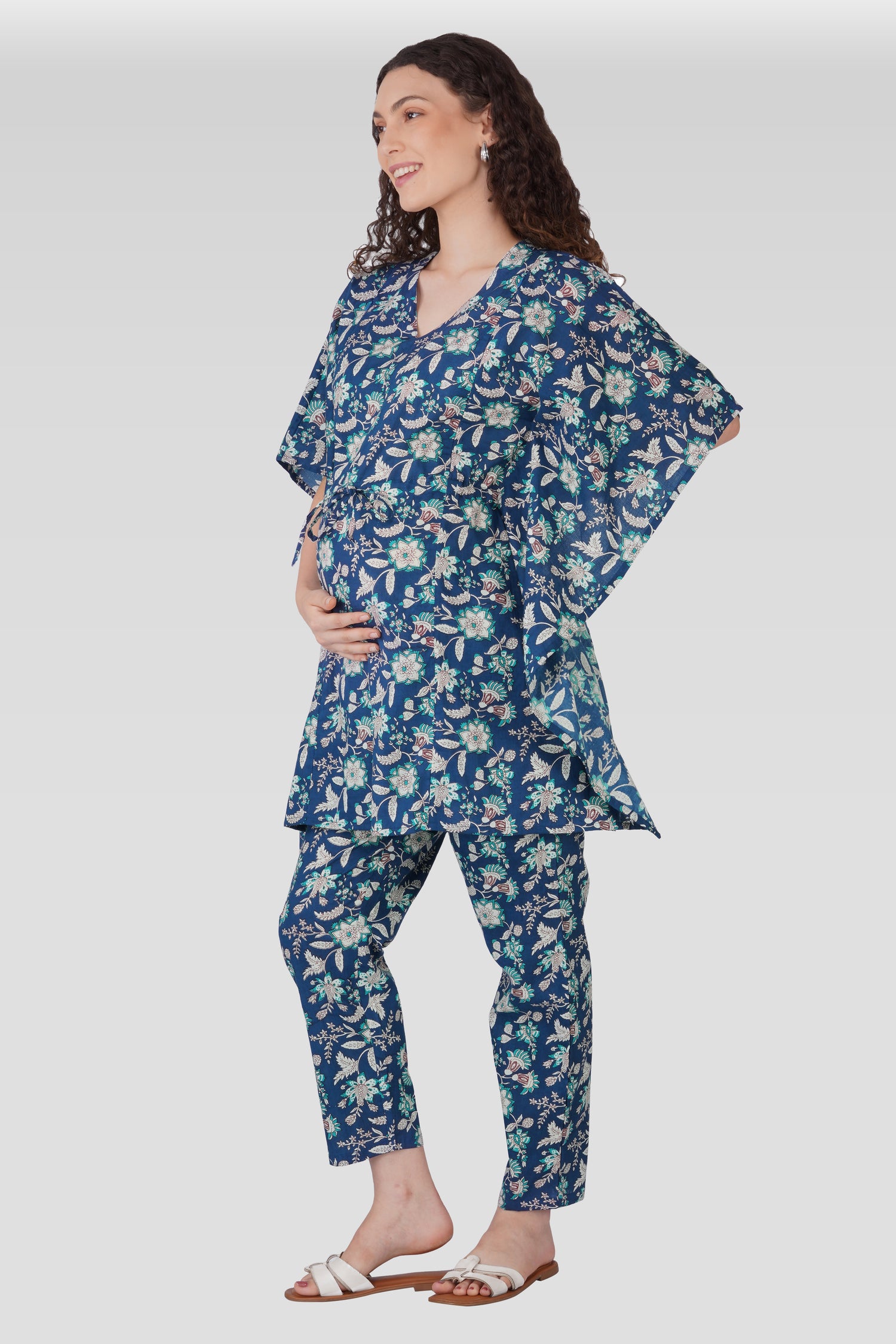 Oxford Blue Cotton Printed Maternity and Feeding Kaftan Set