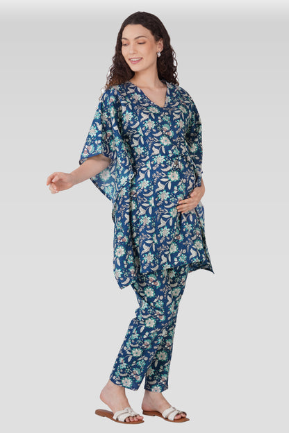 Oxford Blue Cotton Printed Maternity and Feeding Kaftan Set