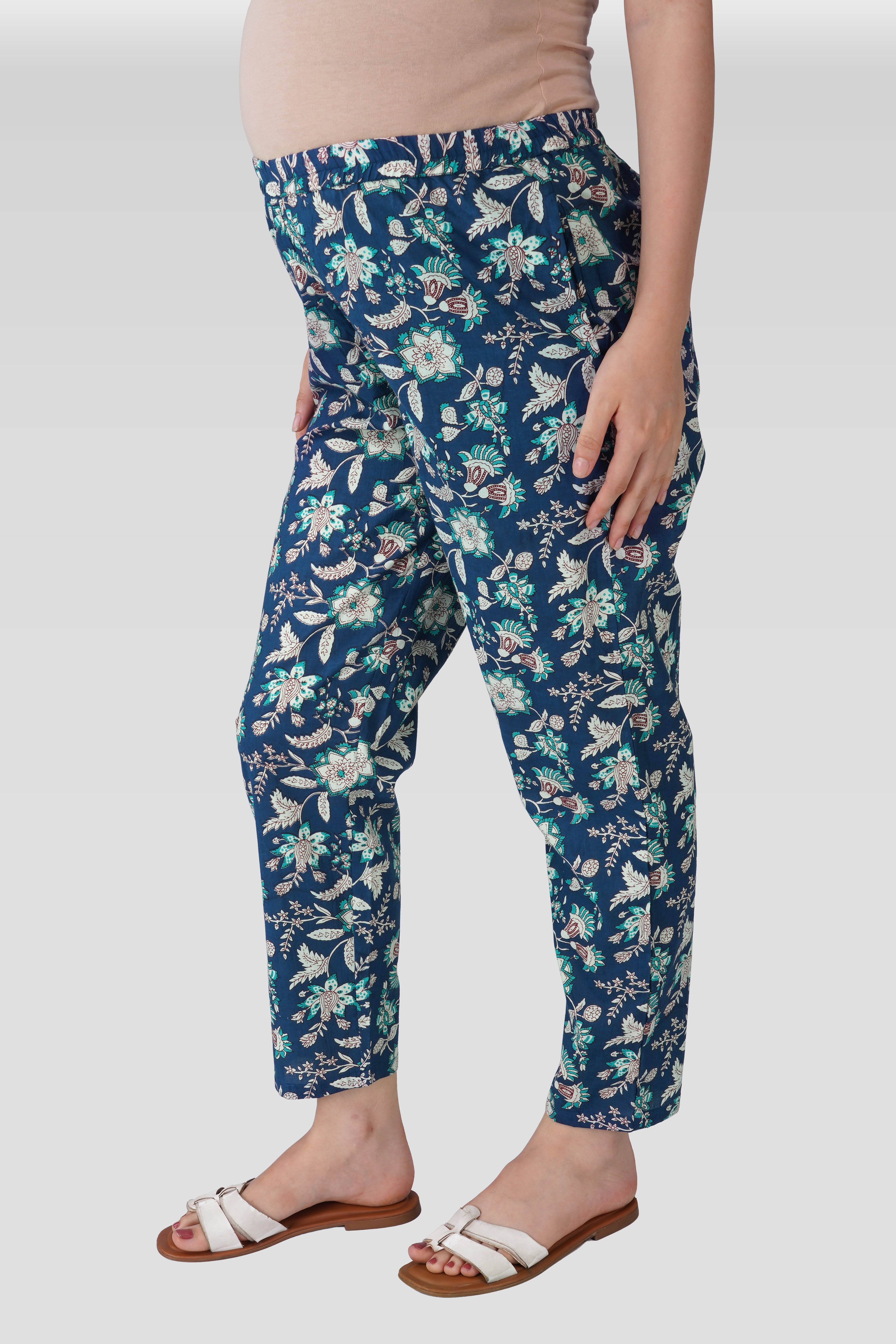 Oxford Blue Cotton Printed Maternity and Feeding Kaftan Set