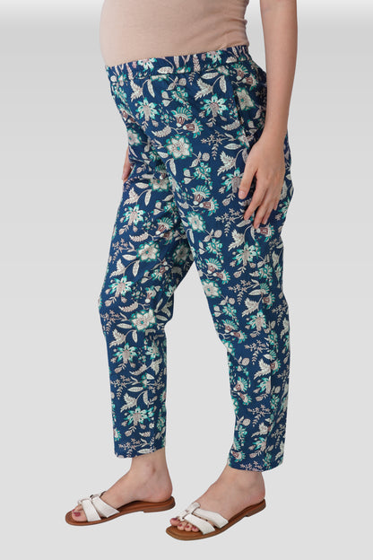 Oxford Blue Cotton Printed Maternity and Feeding Kaftan Set