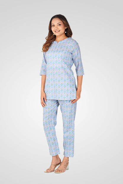 Echo Blue Cotton Printed Pyjama Set