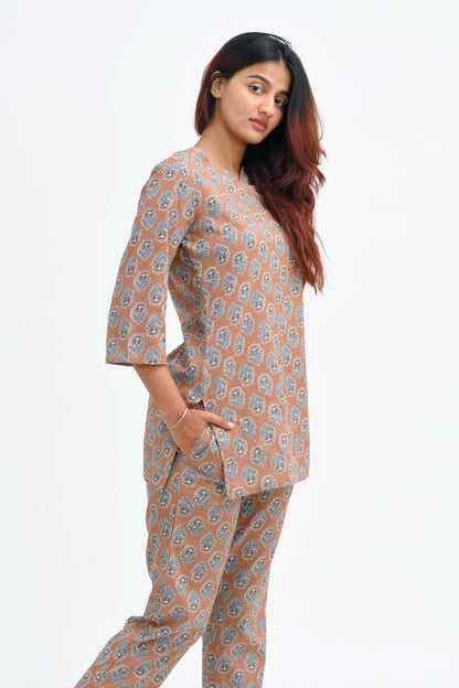 Pastel Brown Cotton Printed Pyjama Set