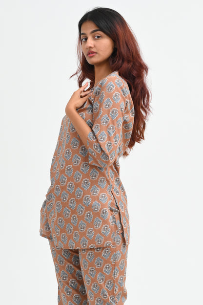 Pastel Brown Cotton Printed Pyjama Set