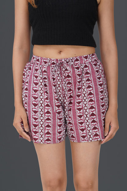 Red Wine Cotton Printed Shorts