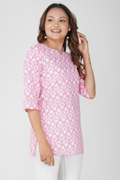 Light Pink Cotton Printed Kurti