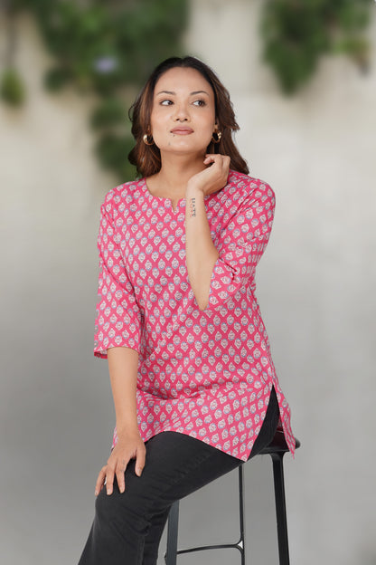 Pink Cotton Printed Kurti