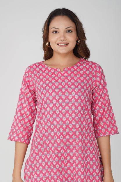 Pink Cotton Printed Kurti