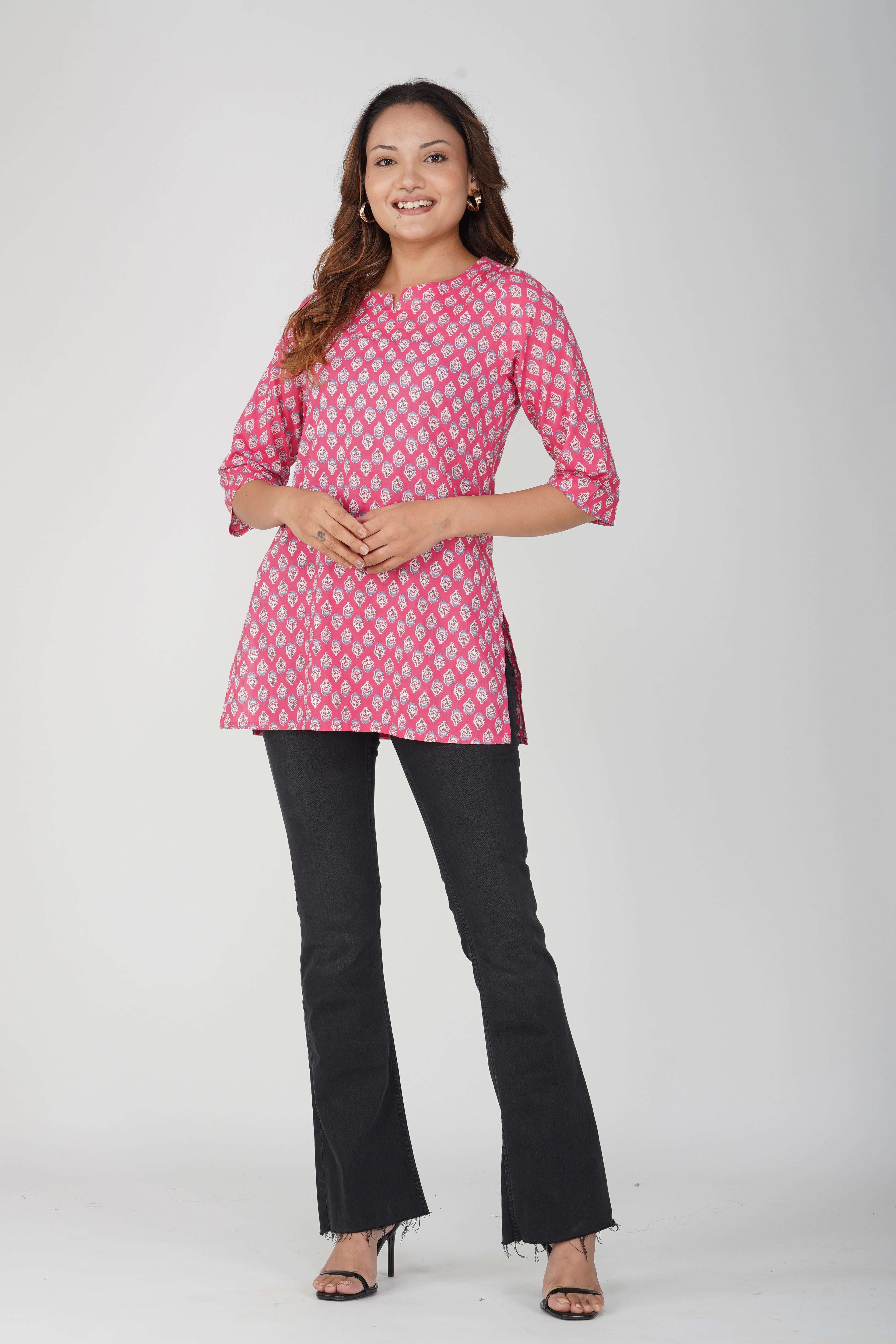 Pink Cotton Printed Kurti