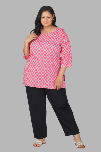 Pink Plus Size Cotton Printed Kurti