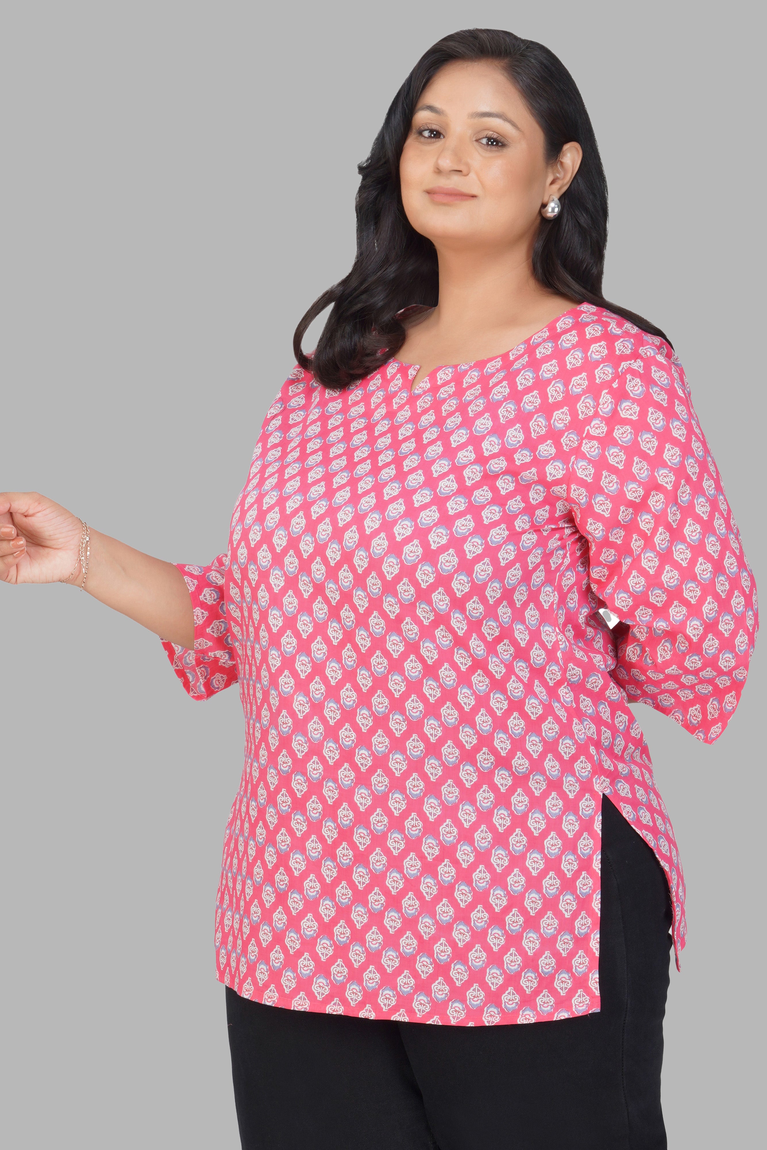 Pink Plus Size Cotton Printed Kurti