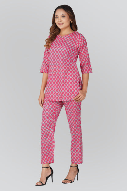 Pink Cotton Printed Pyjama Set