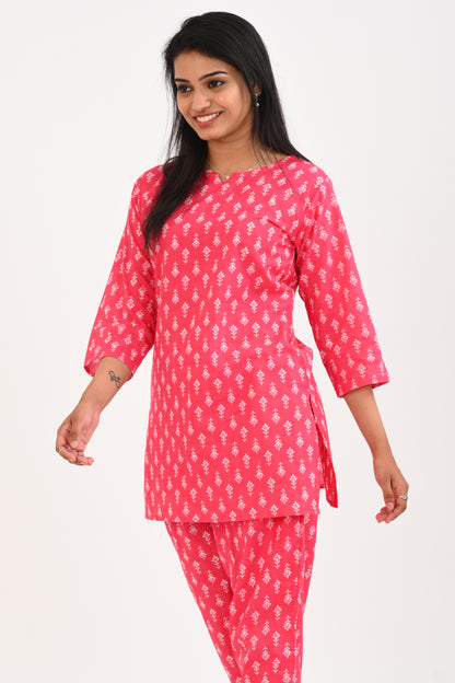 Pink Cotton Printed Pyjama Set