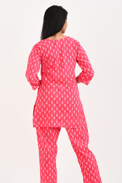 Pink Cotton Printed Pyjama Set